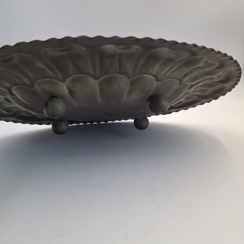 Vintage Italian Copper Footed Tray Scalloped Fluted Oval Serving Platter Italy